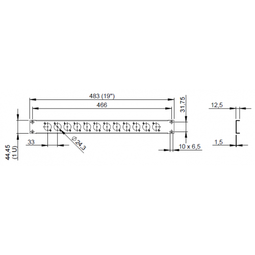 872213 1U rack panel with punched holes for 12 universal D-type XLR or Speakon sockets