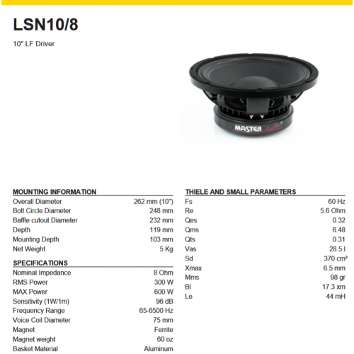 LSN10/8 Professional subwoofer 250 mm, 10-inch
