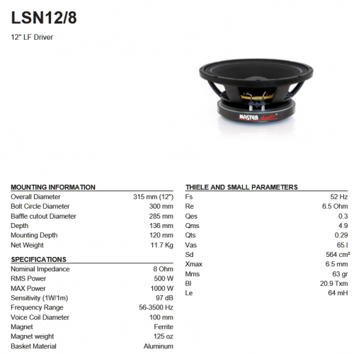 LSN12/8 Professional subwoofer 30 cm ,12", cloth edge, paper cone