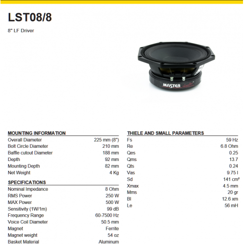 LST08/8 Professional woofer 20cm , 8" Master-audio