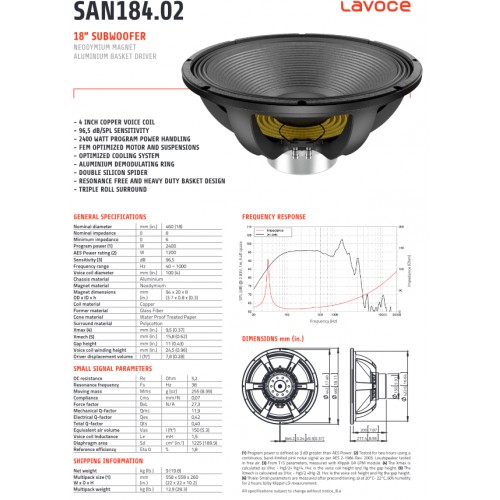 LAVOCE SAN184.02 18" Subwoofer Neodymium Magnet